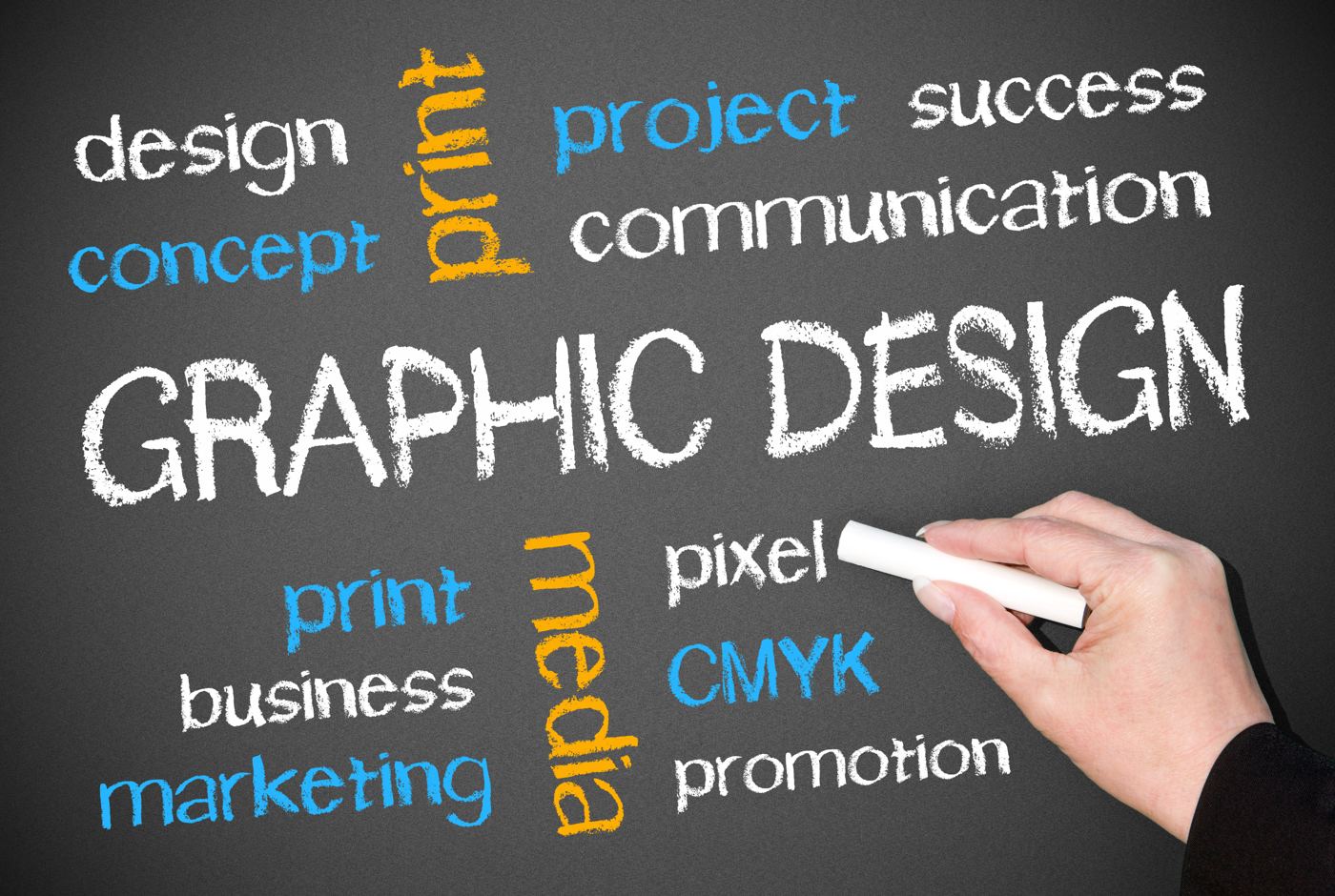 Graphic design concepts written on a chalkboard